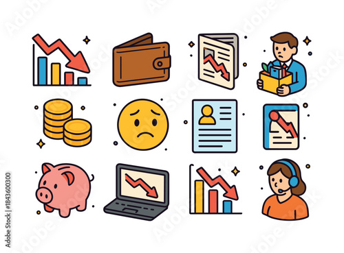 Economic Icons Set. Economic downturn. Colorful isometric vector