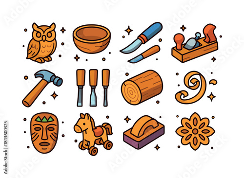 Colorful Woodcraft Icons. Woodcraft. Colorful isometric vector i