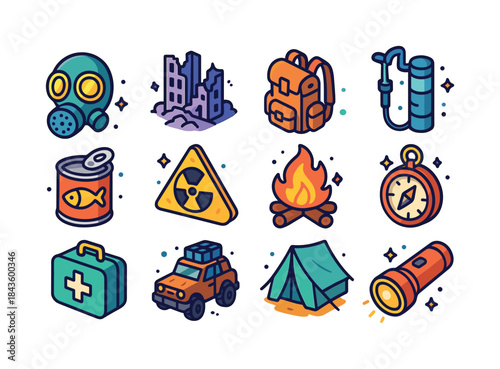 Post-Apocalyptic Icon Set. Post-apocalyptic societies and surviv