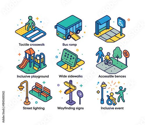 Inclusive City Icons. Inclusive Cities. Colorful isometric vecto