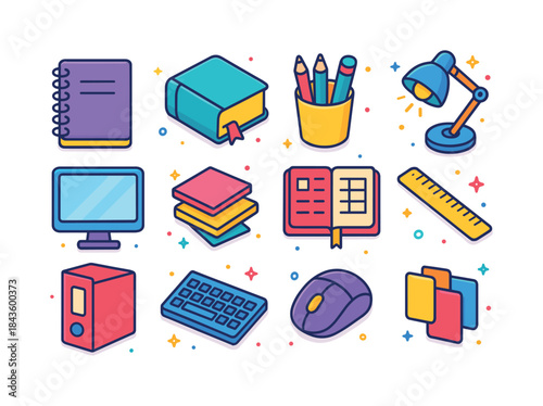 Colorful Homework Desk Icons. Homework Desk. Colorful isometric