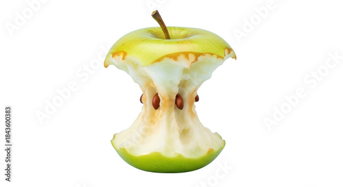 Bitten green apple core with seeds isolated on white background