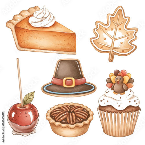 Thanksgiving Watercolor Clipart Collection with Fall Leaves, Pumpkin and Desserts
