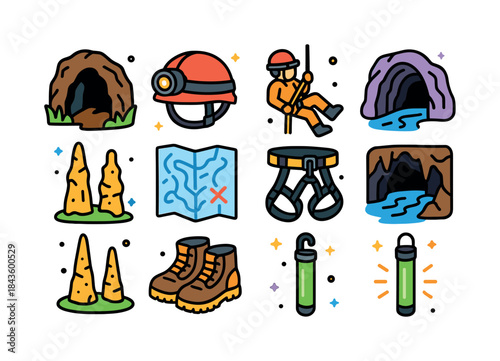 Caving Adventure Icons. Caving and spelunking adventures. Colorf
