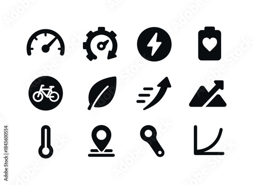 E-Bike Performance Icons. E-bike performance. Solid icon set of