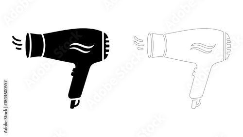 Black and white icons of electric hair dryers, one solid silhouette and one line drawing, isolated on white.