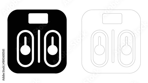 Body composition scale icon and silhouette, analyzing body fat, fluids, and weight data for health and fitness tracking.