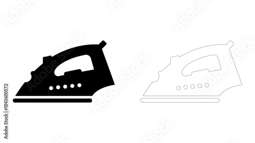 Black silhouette and outline of an electric iron appliance used for smoothing clothes, isolated on a white background, g