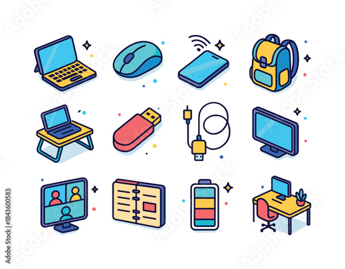Colorful Mobile Office Icons. Mobile office. Colorful isometric