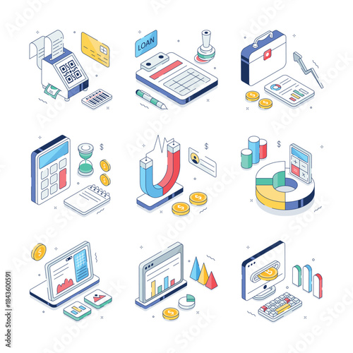 Creatively designed business and financial analysis illustrations in isometric style