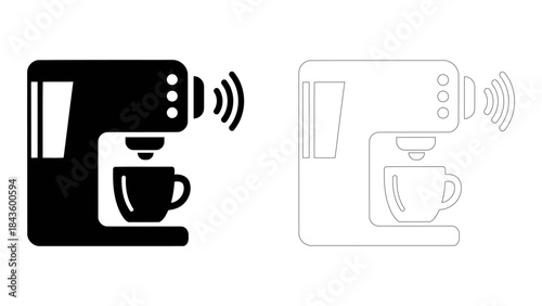 Icon of coffee maker with cup and wifi signal, solid black and outline versions, isolated on white, representing smart c