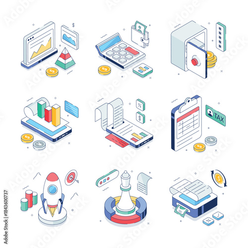 An amazing isometric illustrations set of financial management in trendy style