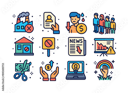 Job Crisis Icons. Job crisis. Colorful isometric vector icons se