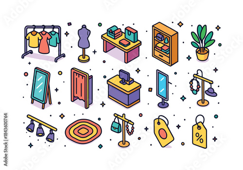 Boutique Icon Collection. Boutique Interior. Colorful isometric