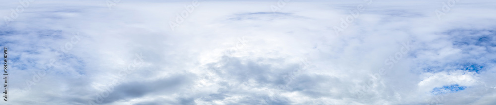 Obraz premium Blue sky panorama with cumulus clouds in seamless spherical equirectangular format as a full zenith for use in 3D graphics, games, and aerial drone photography for sky replacement.