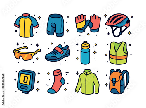Colorful Cycling Gear Icons. Cycling apparel. Colorful isometric