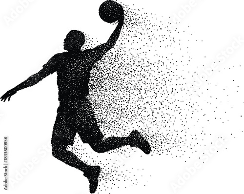 Basketball player dunk silhouette with particle dispersion effect, dynamic sports action illustration showing power, motion, and energy for modern athletic vector designs