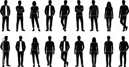 Casual people silhouette collection showing men and women standing in relaxed poses, modern lifestyle characters for fashion mockups, crowd scenes, branding, and vector illustration design