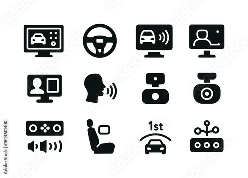 Car Interior Tech Icons. Car interior tech. Solid icon set of Ca
