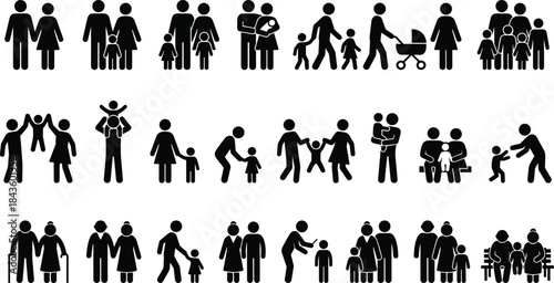 Family pictogram icons collection showing parents, children, babies, and grandparents together, simple people silhouette for parenting, relationships, generations