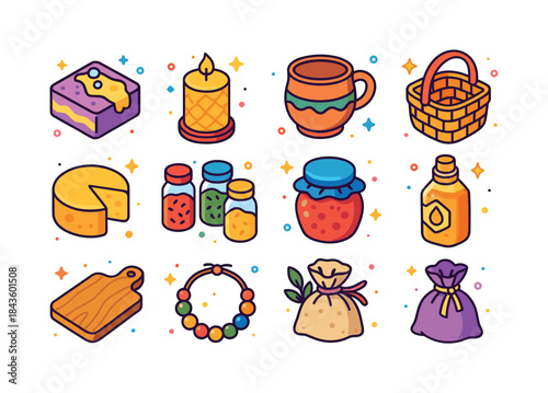 Colorful Artisanal Icons. Artisanal Goods. Colorful isometric ve