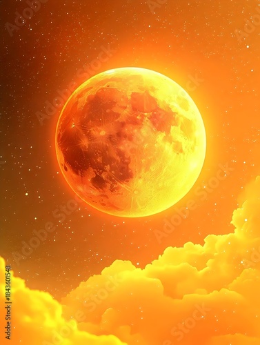 A vibrant sunset moon illuminates the sky in warm shades of orange and yellow, surrounded by soft, fluffy clouds, creating a dreamlike celestial scene.
