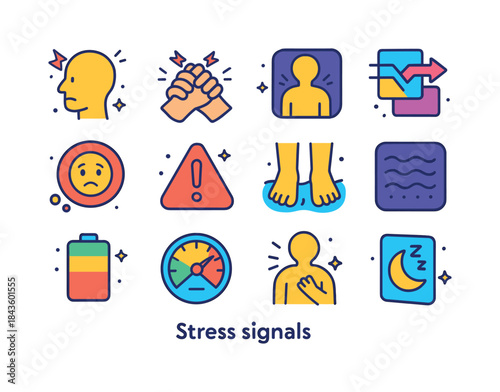 Stress Signals Icons Set. Stress Signals. Colorful isometric vec