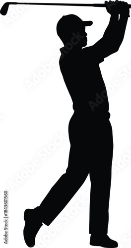 Golfer silhouette swinging club, powerful golf swing follow through pose for sports, competition, training, and professional athletic vector illustration