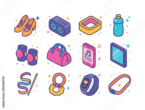 Dance Accessory Icons. Dance accessories. Colorful isometric vec