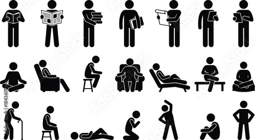 Human pictogram icons set showing people reading, studying, sitting, resting, working, exercising, and relaxing, simple stick figure symbols for education, lifestyle, and infographic vector design