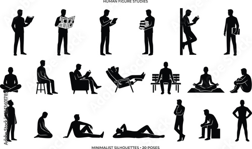 Human figure studies silhouette set showing standing, sitting, reading, resting, thinking, and relaxing poses, minimalist people characters for lifestyle