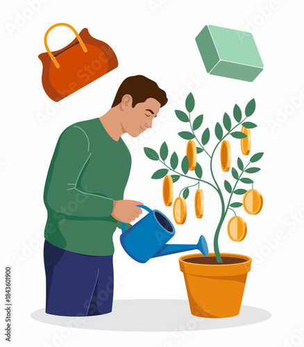 This imaginative illustration features a man watering a money tree, exploring themes of nurturing one's financial future and the fruitful rewards of hard work and care in life.