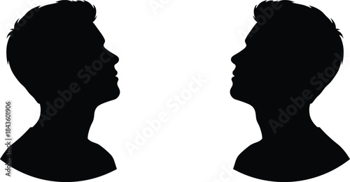 Male head profile silhouette illustration, facing side views of human face outlines for identity, psychology, avatar, portrait, and minimalist people vector design