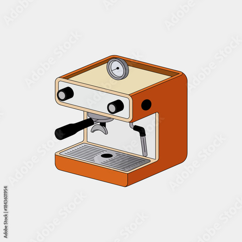 A chic and minimalist illustration of a retro espresso machine in bright orange, showcasing unique vintage style and functionality in a classic design concept.