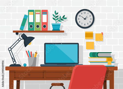 A well-organized home workspace features a desk, laptop, and books, creating an inviting atmosphere perfect for productivity and creative endeavors.