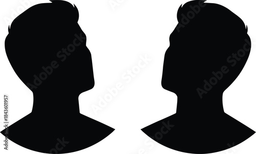 Male head silhouette profiles facing each other, mirrored human face outlines for identity, psychology, symmetry, avatar, and minimalist portrait vector illustration