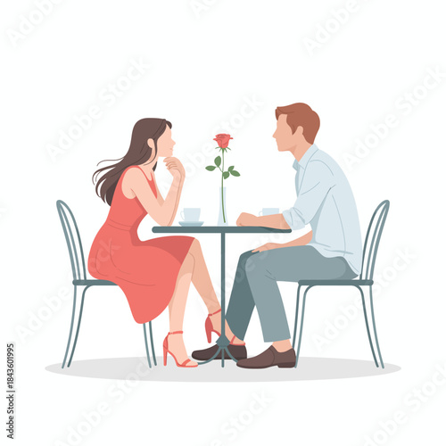 A couple is enjoying an intimate moment at a café table, sharing a conversation over coffee, with a rose adorning the table enhancing the romantic atmosphere.
