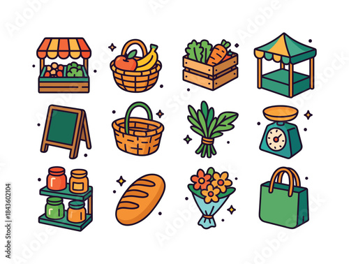 Colorful Market Icons. Open-Air Market. Colorful isometric vecto