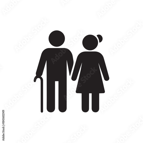 Elderly couple walking icon with cane silhouette