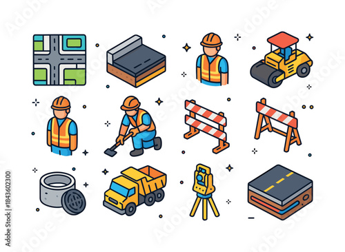 Urban Road Construction Icons. Urban road building. Colorful iso