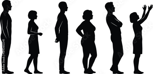 People standing in queue silhouette vector illustration, diverse human profiles, social waiting concept, black figures isolated on white background