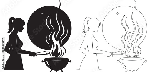 Black Silhouette and Outline Illustration of Woman Grilling at Barbecue with Flames isolated PNG with Transparent Background