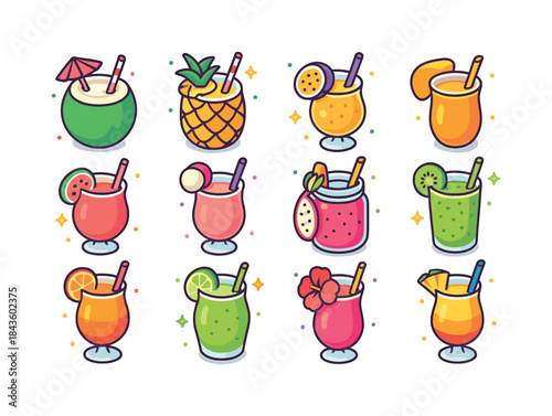 Colorful Tropical Drink Icons. Tropical drinks. Colorful isometr