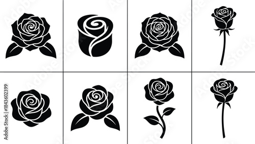 Rose silhouette icons collection, elegant floral symbols, black and white roses for romantic design, tattoo, wedding, logo, and botanical vector illustration