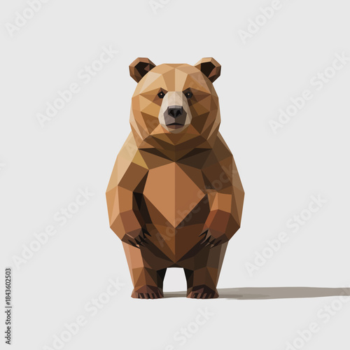 An abstract polygonal representation of a brown bear, showcasing its iconic features through sharp geometric shapes and a modern artistic interpretation.