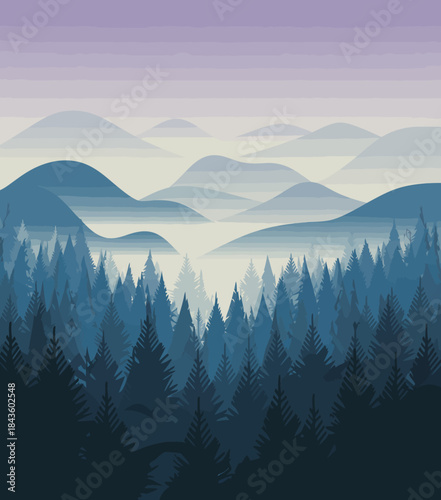 A breathtaking landscape featuring a misty blue forest with rolling hills in the background, capturing the tranquil essence of nature and the peaceful solitude of the wilderness.