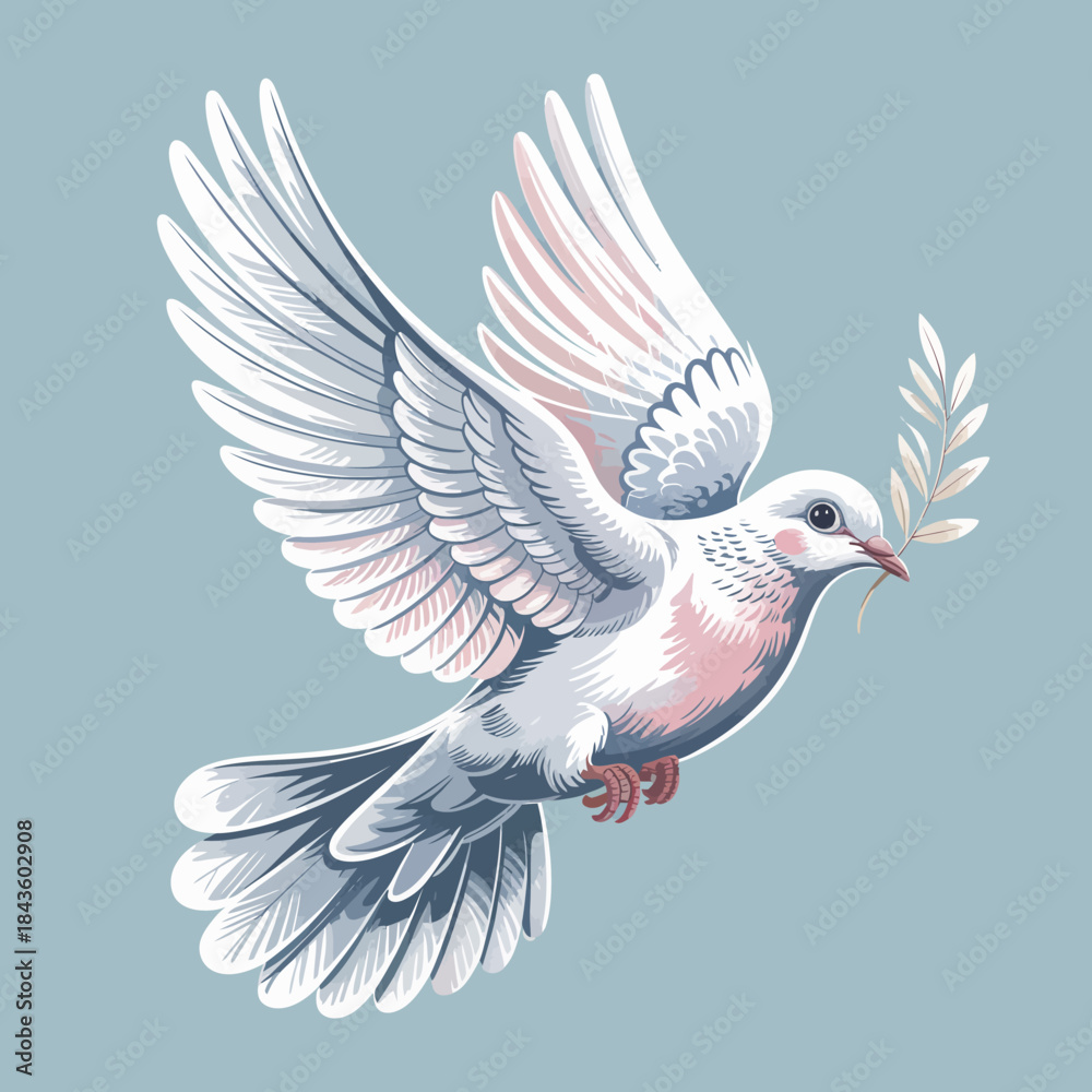 Obraz premium A beautifully illustrated white dove in flight, delicately carrying an olive branch, symbolizing peace and hope, perfect for conveying themes of harmony and tranquility.