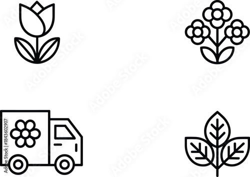 Minimal black line icon set for gardening and floral themes, featuring vector outlines of a tulip, a three-flower cluster, a delivery truck, and three leaves for nature and plant commerce graphics.