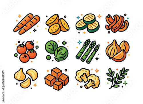 Colorful Roasted Vegetables Icons. Roasted vegetables. Colorful