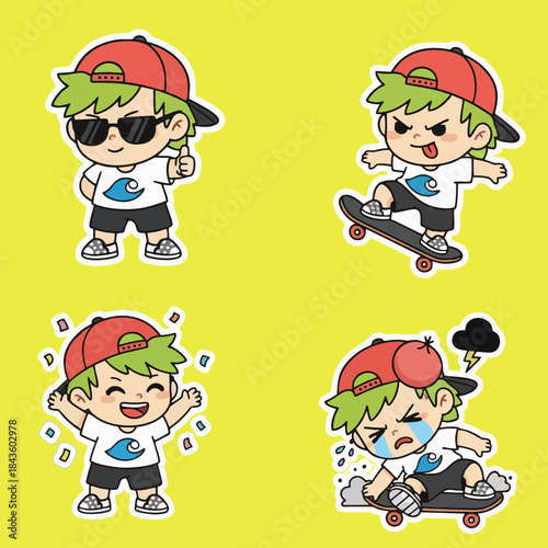 Chibi Skater Boy Sticker Set with Skateboard and Emotions